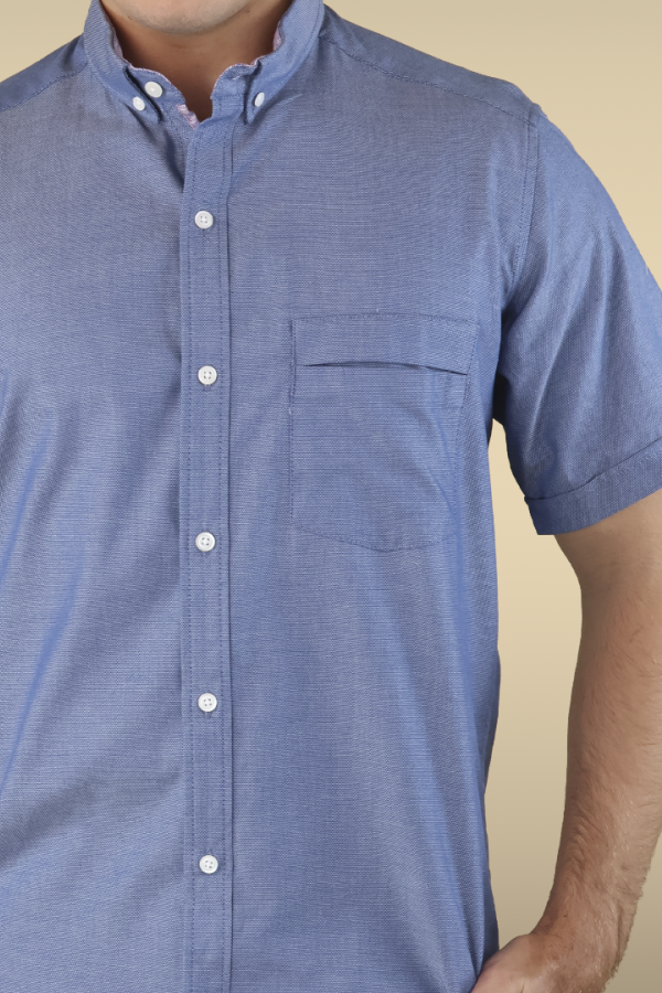 Camisa Manga Corta Azul Jaspe Slim Fit Con Bolsa Semi Oculta Para Hombre